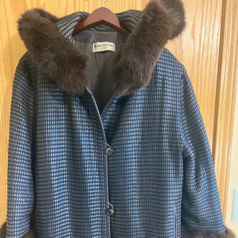 Leather fur jacket size L-XL brown